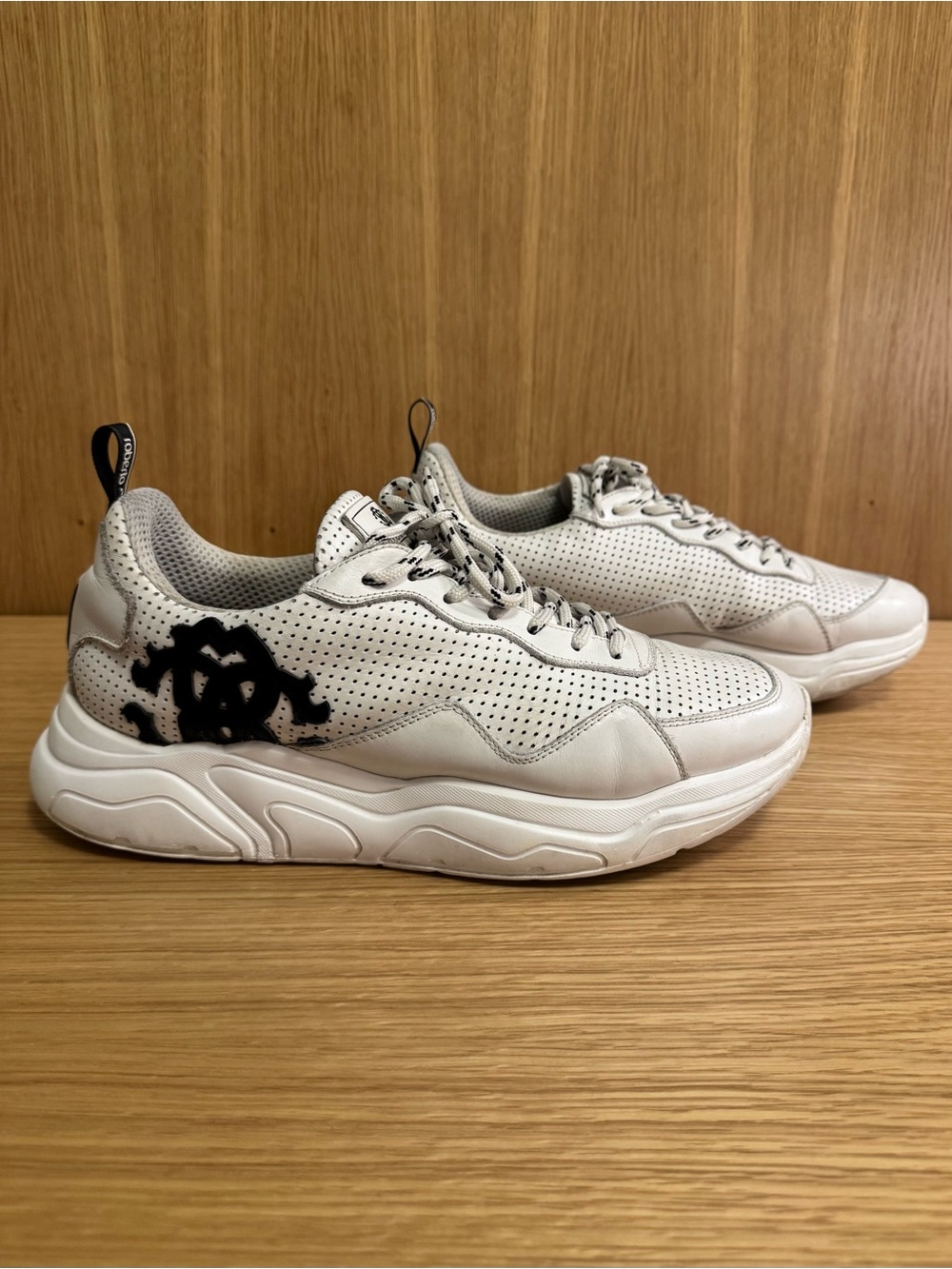 Roberto Cavalli White and Black Leather Perforated Chunky Sneakers